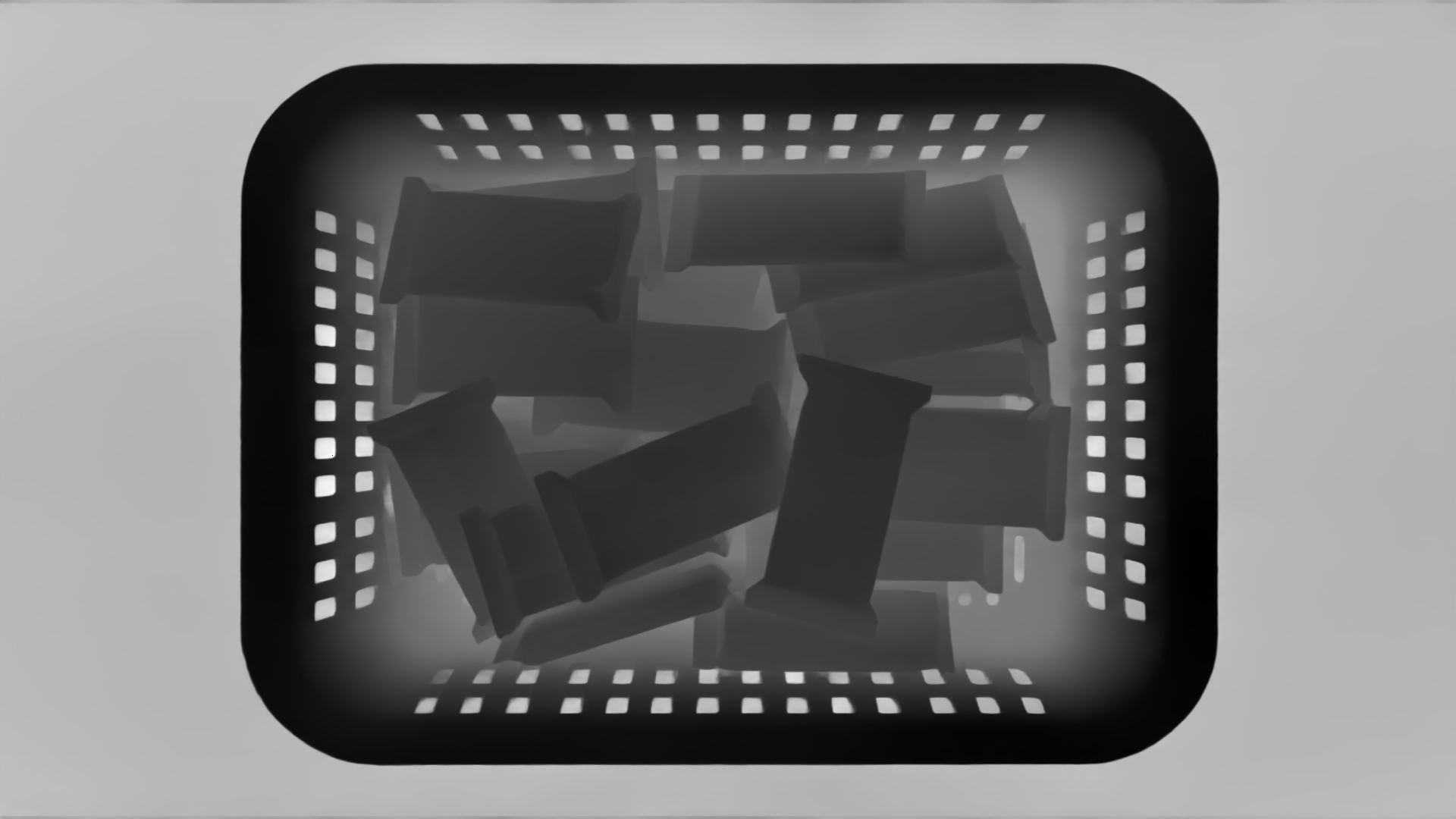 Grayscale depth map of individually wrapped pillow-pack items in a perforated crate, showing package silhouettes and pile structure on a white background