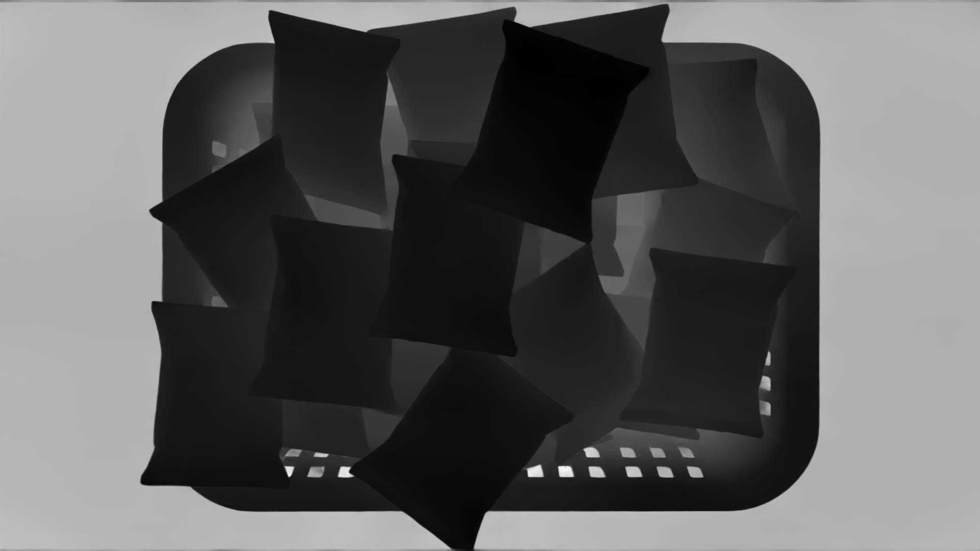 Grayscale depth map of flexible snack pouches stacked in a ventilated crate, with darker values on top surfaces and lighter values on lower layers