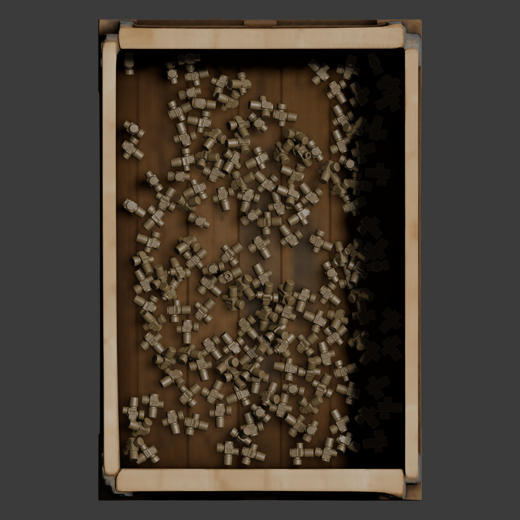 Top-down RGB render of a bin with fewer parts and varied lighting for machine tending training